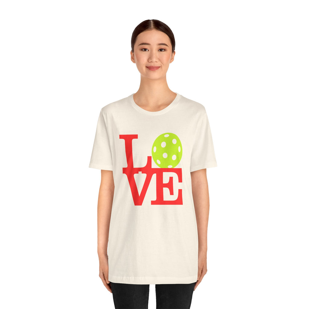Neon Pop Art Pickleball LOVE T-Shirt by Printify, featuring bold colorful design and casual fit for pickleball fans.