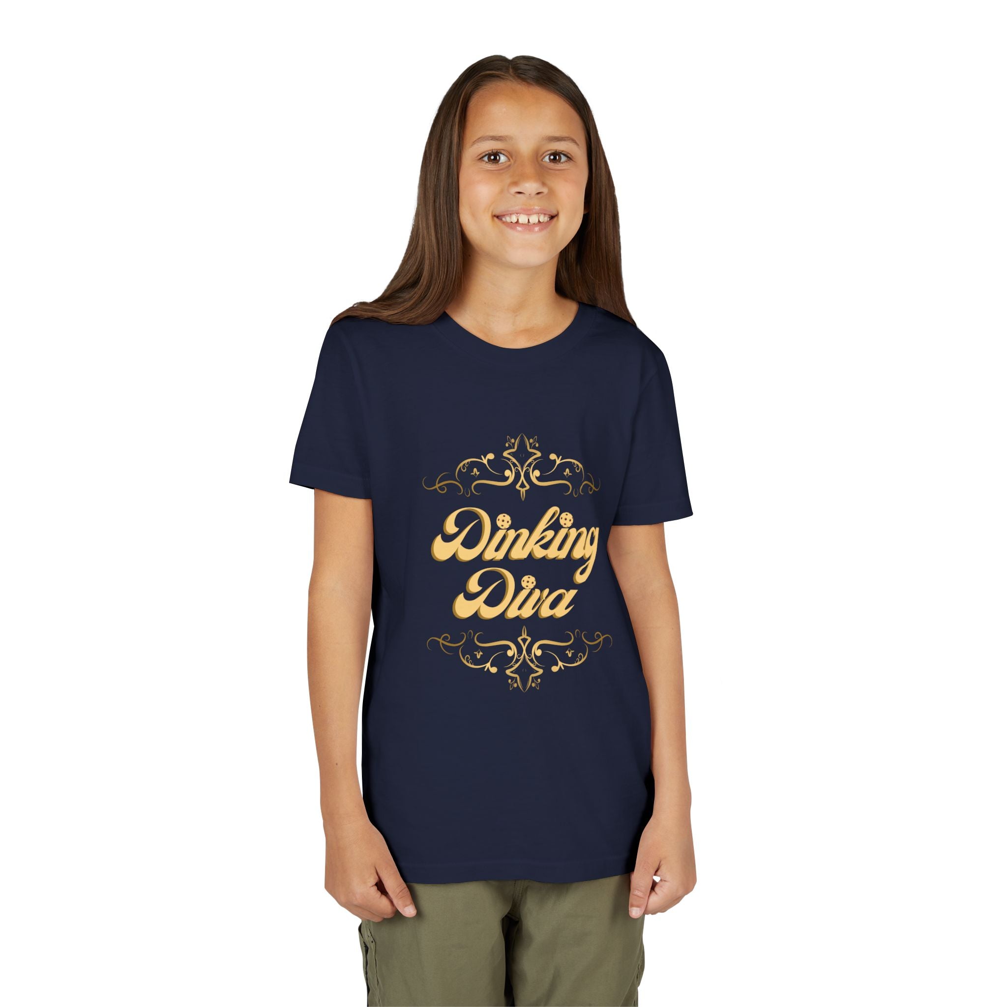 Youth Dinking Diva T-shirt featuring gold filigree pickleball graphic, colorful kids' print t-shirt by Printify.