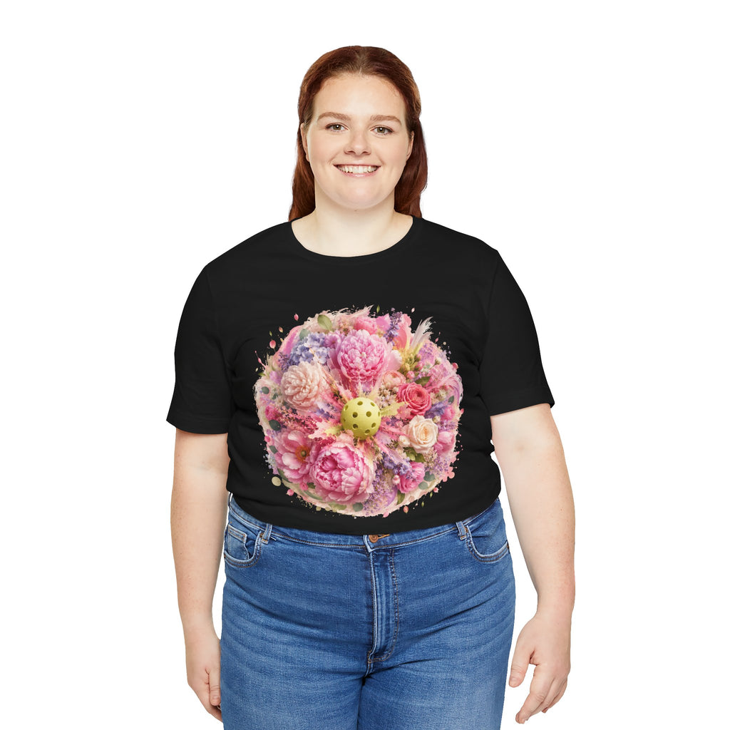 Unisex Peony Pickleball T-Shirt made of premium cotton, featuring a colorful peony design on a comfortable casual tee.