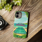 Let's Play Pickleball tropical tough phone case by Printify featuring a vibrant beach court design for iPhone or Android.