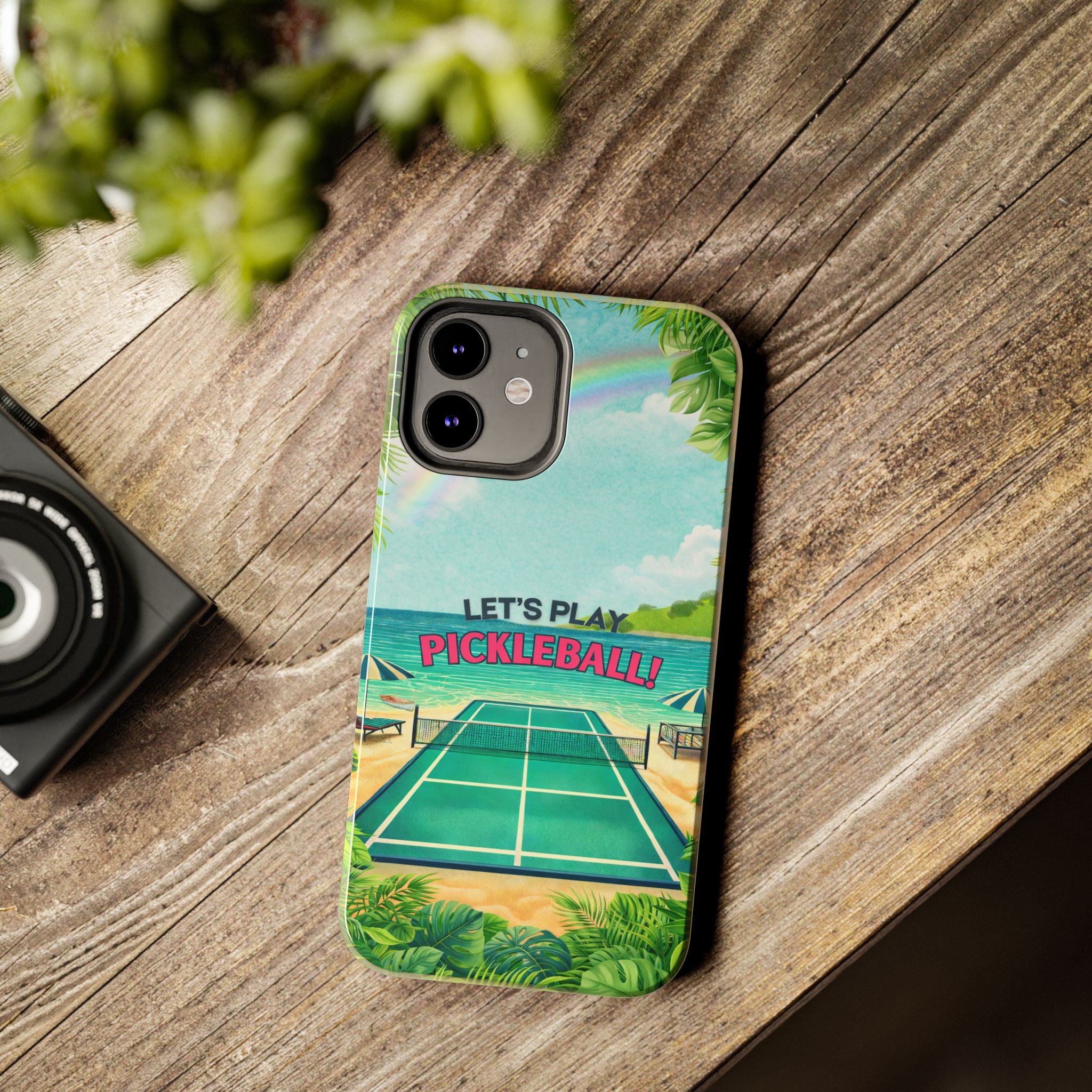 Let's Play Pickleball tropical tough phone case by Printify featuring a vibrant beach court design for iPhone or Android.