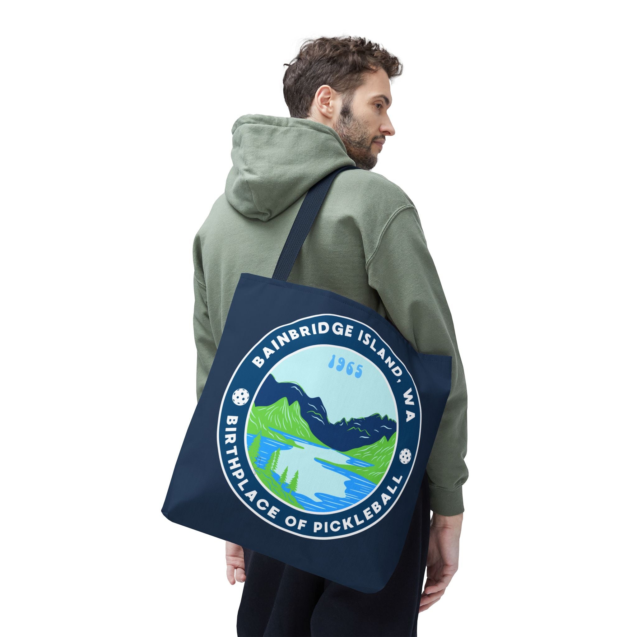 Large Pickleball tote bag by Printify featuring Bainbridge Island WA, the birthplace of pickleball, ideal for carrying gear.