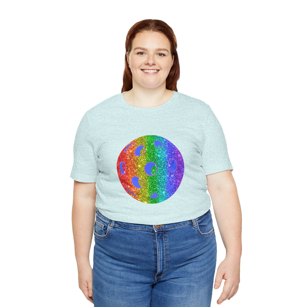 Rainbow glitter pickleball T-shirt featuring bold "Loud and Proud" slogan, designed for pride and active wear.