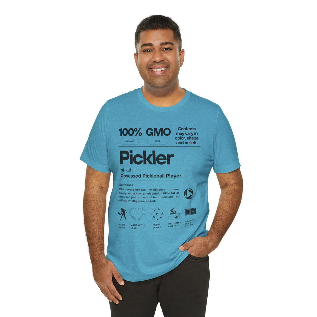 Men's black Pickler Funny Definitions T-Shirt featuring pickleball-themed text, lightweight activewear from Printify.