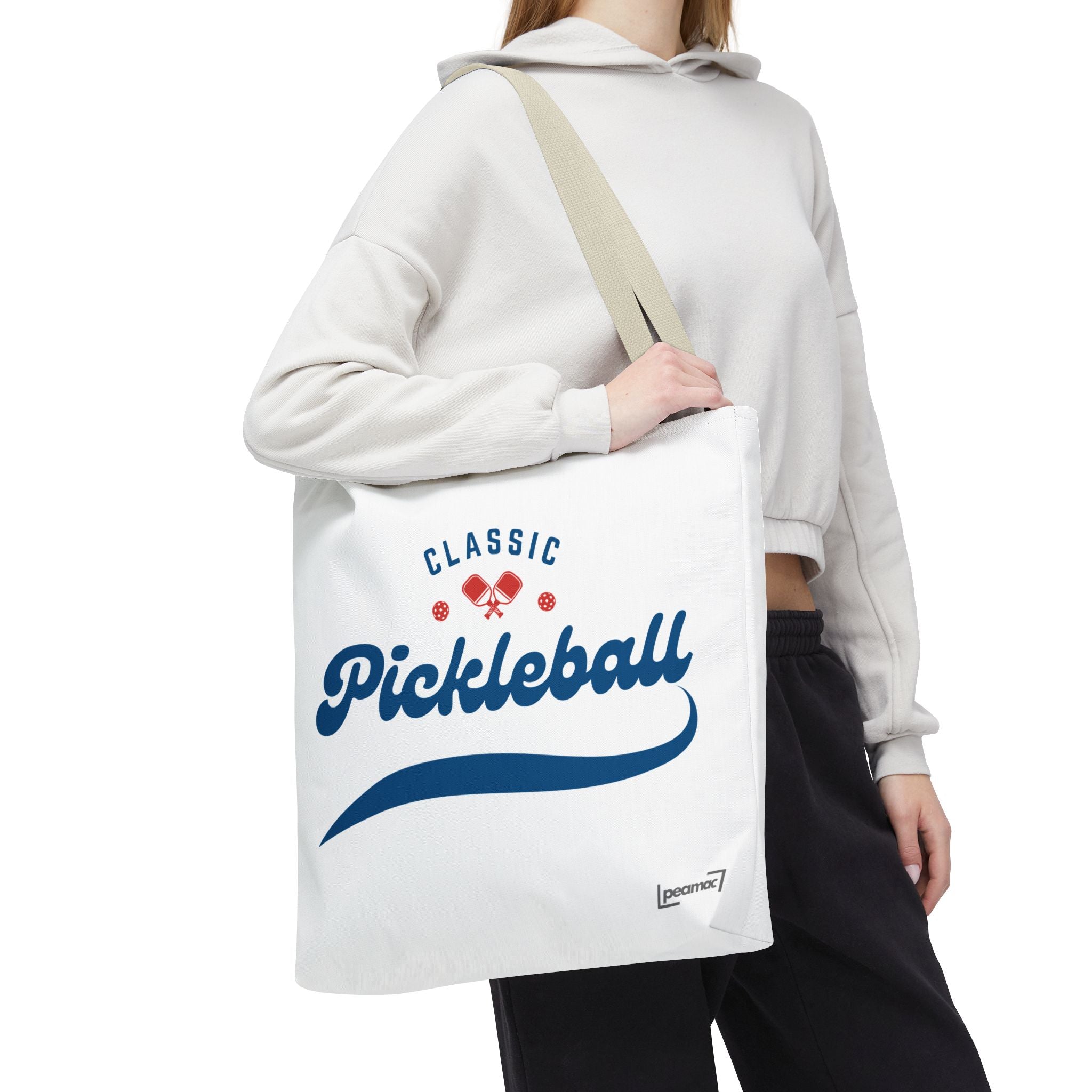 Large Printify Pickleball tote bag in red and blue, rugged shoulder bag for gear storage, spacious and durable for active use.