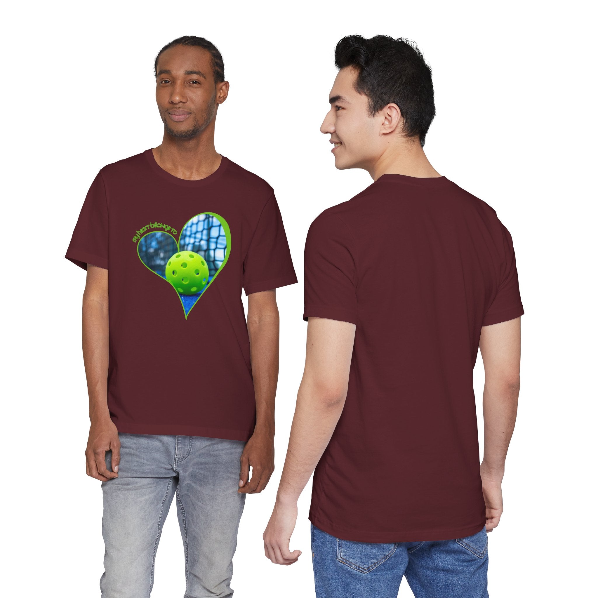 White Pickleball T-shirt with "My Heart Belongs to Pickleball" print for players and fans, by Printify.