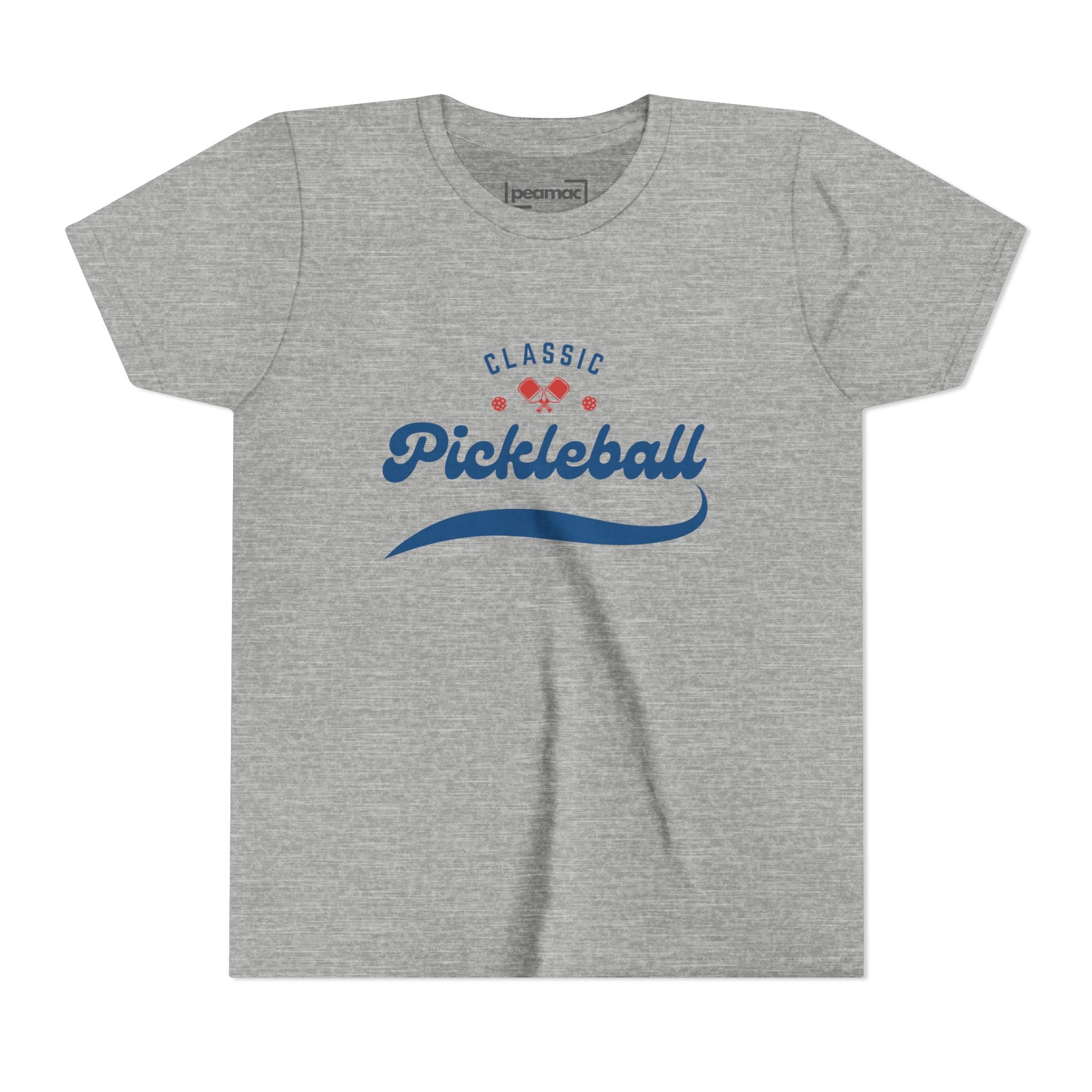 Youth retro pickleball t-shirt for kids, featuring a classic sports design in vibrant colors for boys and girls.