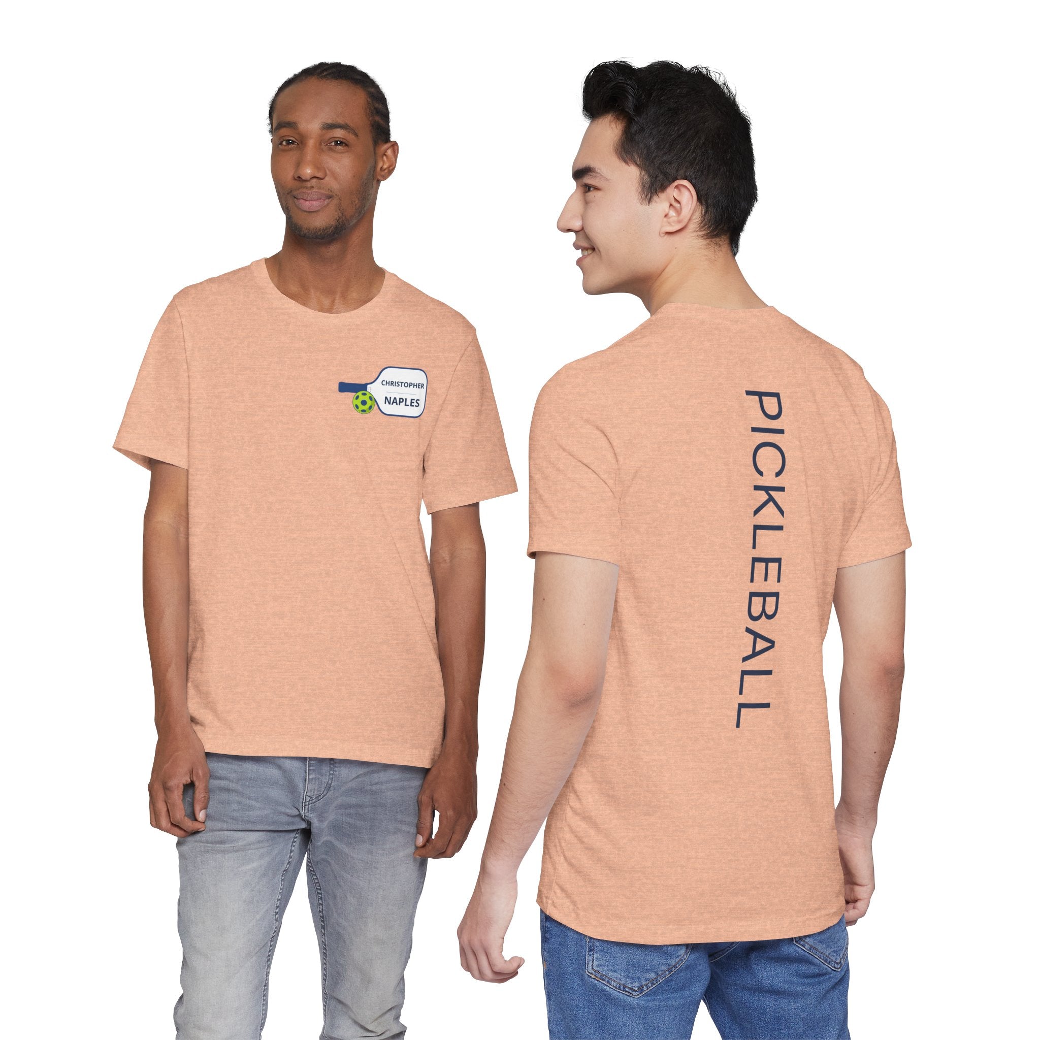 Personalized pickleball T-shirt with custom name and club paddle graphic, designed by Printify for sports and casual wear.