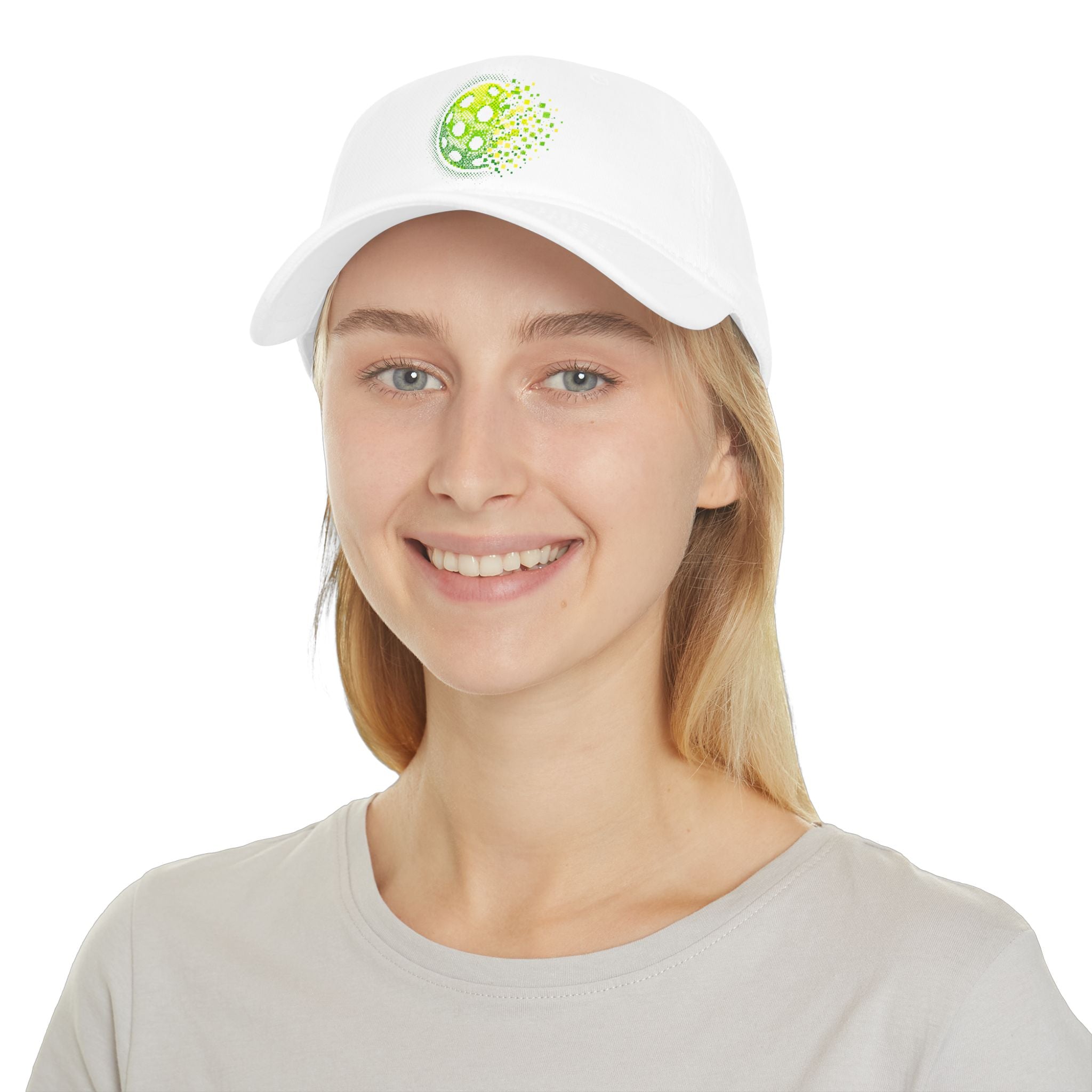 Pixelated Pickleball Cap Neon Green low profile cotton baseball hat with a bold, colorful design, perfect for casual outdoor wear.