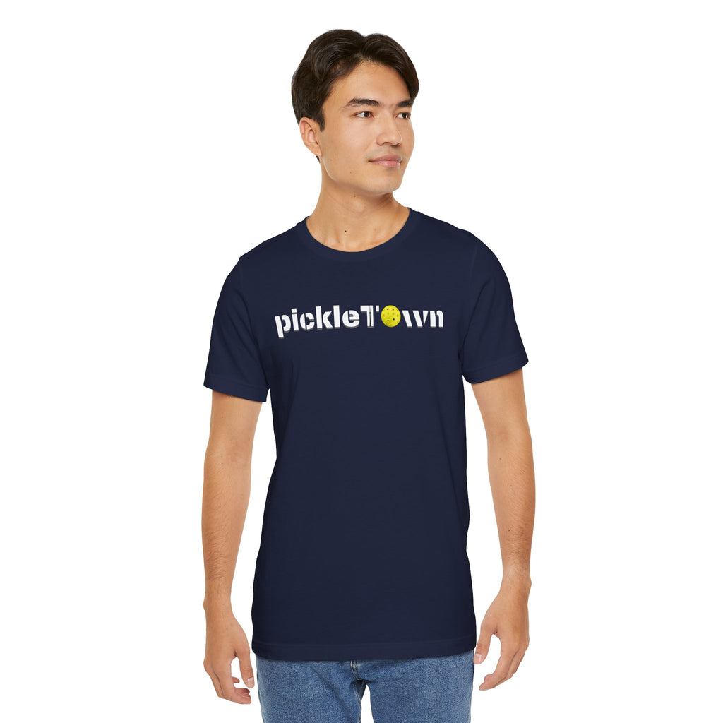Toronto PickleTown T-Shirt featuring the CN Tower and pickleball design, comfortable cotton tee from Printify.