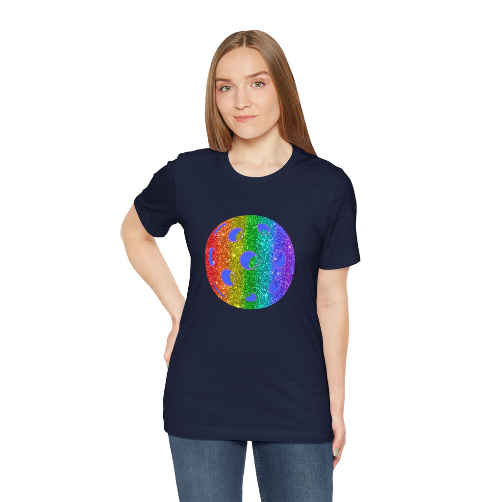 Rainbow glitter pickleball pride T-shirt featuring the Sparkle Loud and Proud Pickleball Pride Tee design, stylish and vibrant.