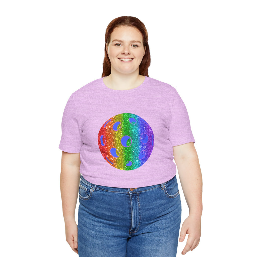 Rainbow glitter pickleball pride T-shirt featuring vibrant colors and bold "Loud and Proud" text for LGBTQ+ support.