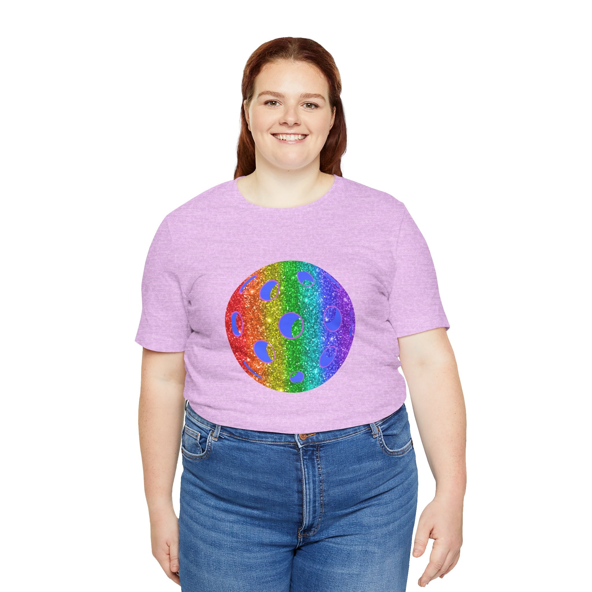 Rainbow glitter pickleball pride T-shirt featuring vibrant colors and bold "Loud and Proud" text for LGBTQ+ support.