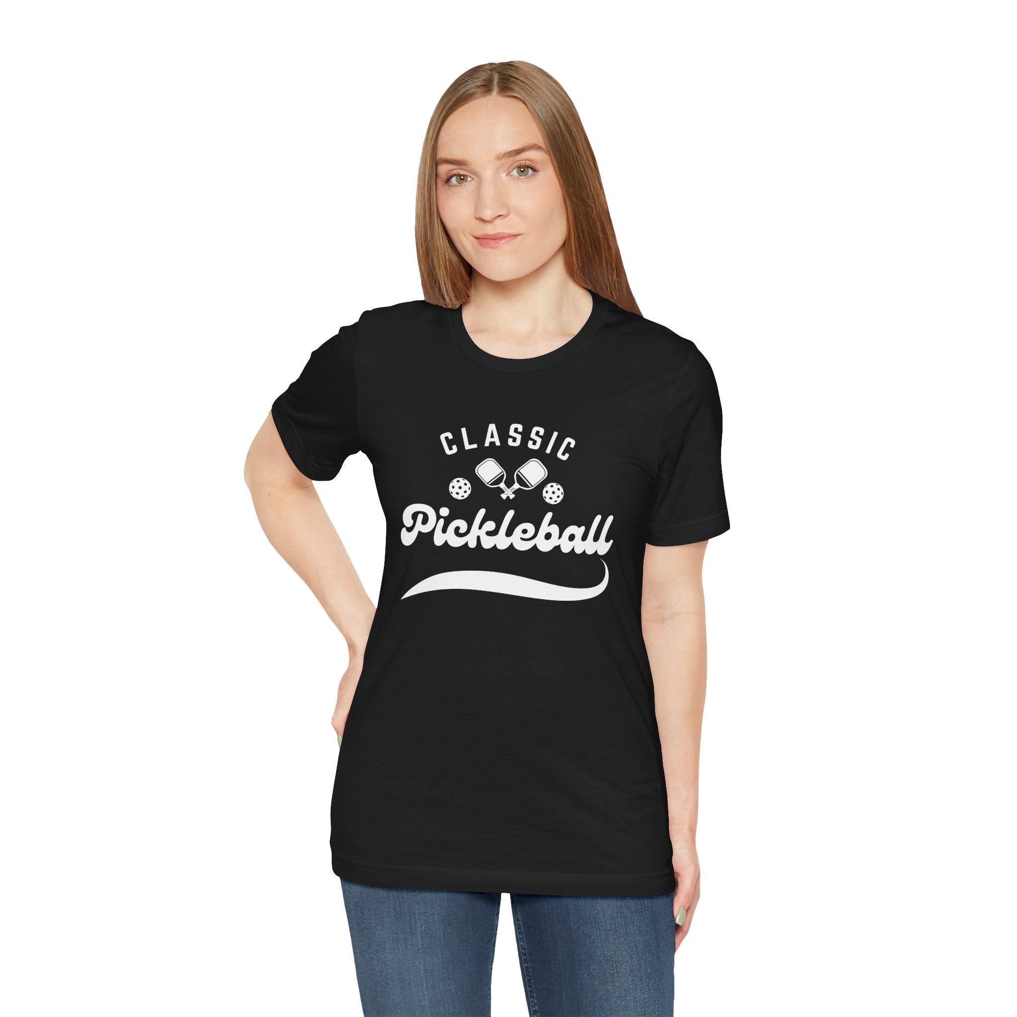 Classic pickleball T-shirt with "Pickleball" script design, comfortable cotton tee for pickleball players and enthusiasts.