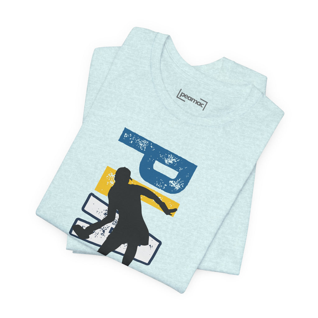 Women's retro-inspired pickleball t-shirt with vertical "PICKLEBALL" back print by Printify, casual sportswear for active wear.