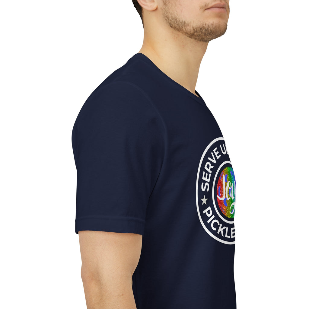 LGBTQ2 pride pickleball T-shirt featuring colorful rainbow design and "Serve Up Some Pickleball Joy" text, from Printify.