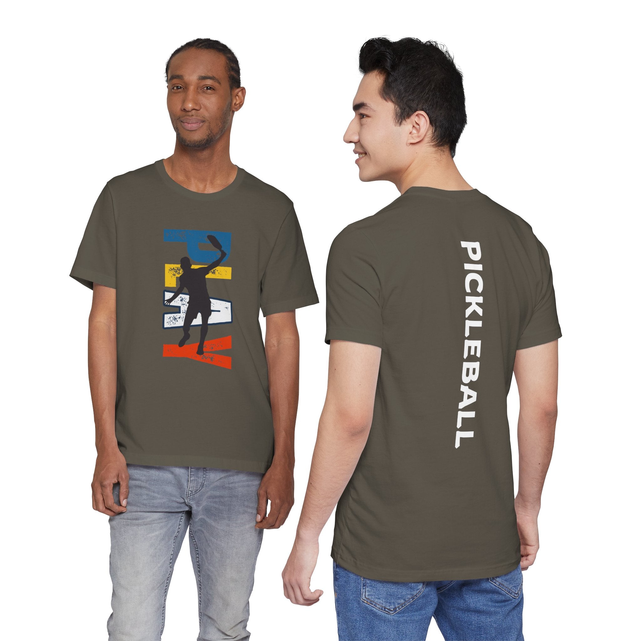 Men's Retro Pickleball Action T-shirt featuring a dynamic front silhouette and vertical "PICKLEBALL" text on the back.