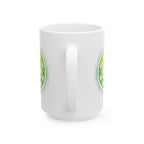 Green Matrix Burst Pickleball ceramic mug with retro exploding pickleball design, available in 11oz and 15oz sizes.