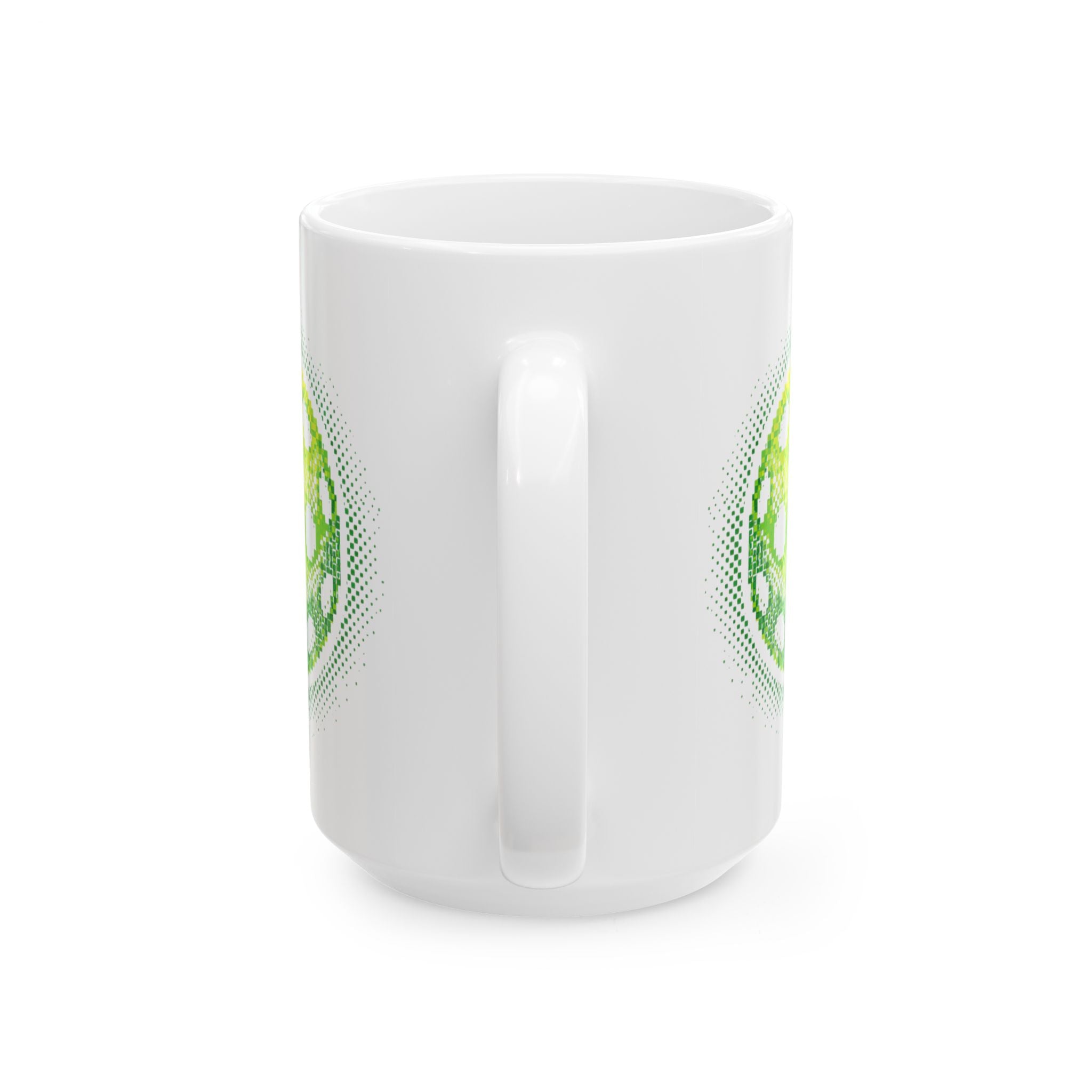 Green Matrix Burst Pickleball ceramic mug with retro exploding pickleball design, available in 11oz and 15oz sizes.