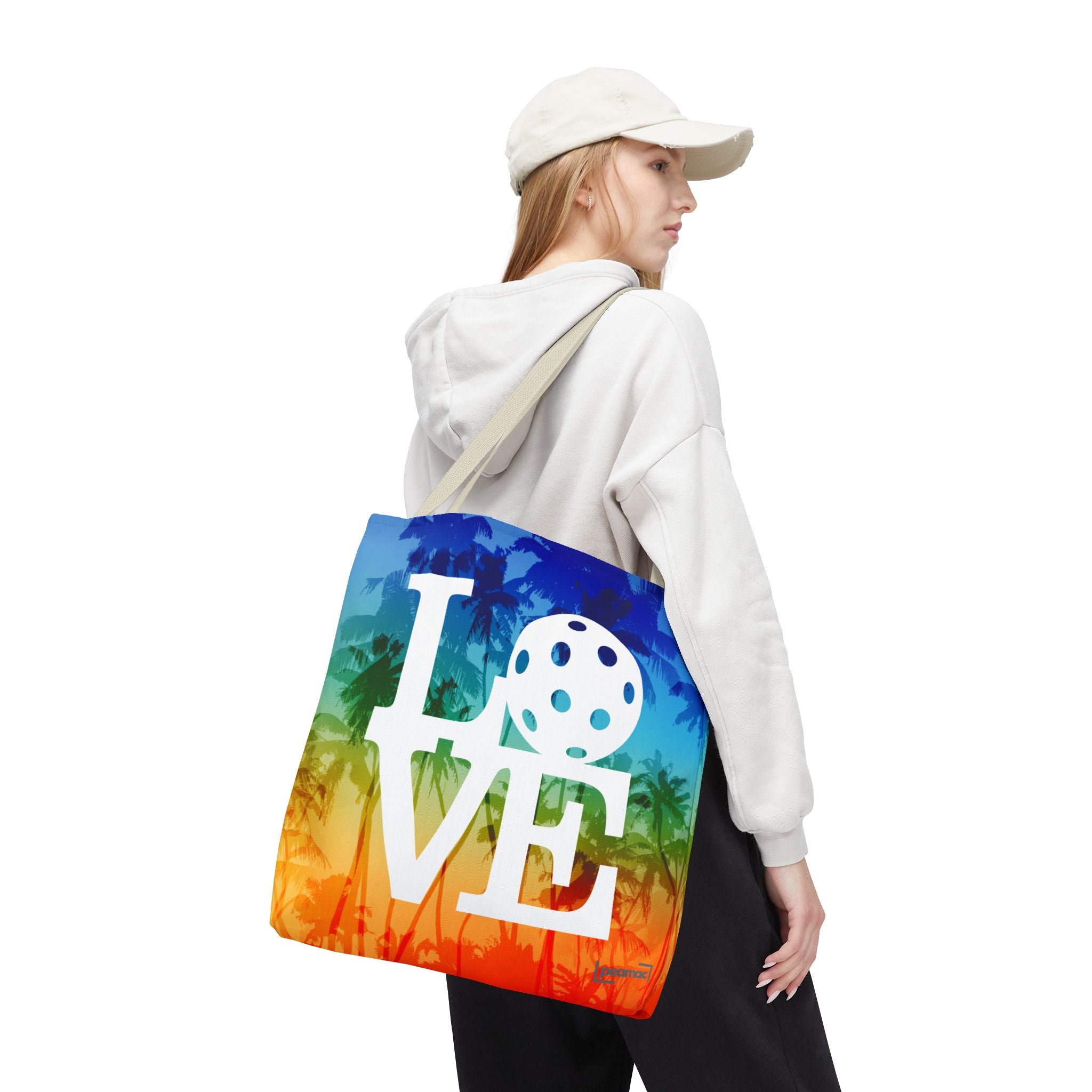 Palm rainbow tropical pickleball tote bag by Printify, court-ready shoulder bag with colorful tropical and pickleball design.