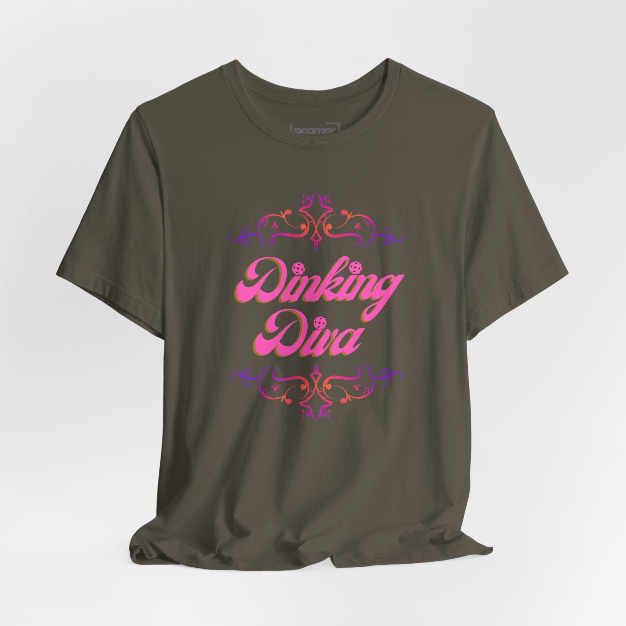 Pink Dinking Diva pickleball T-shirt with filigree design, athletic fit, and printed logo, ideal for active pickleball players.