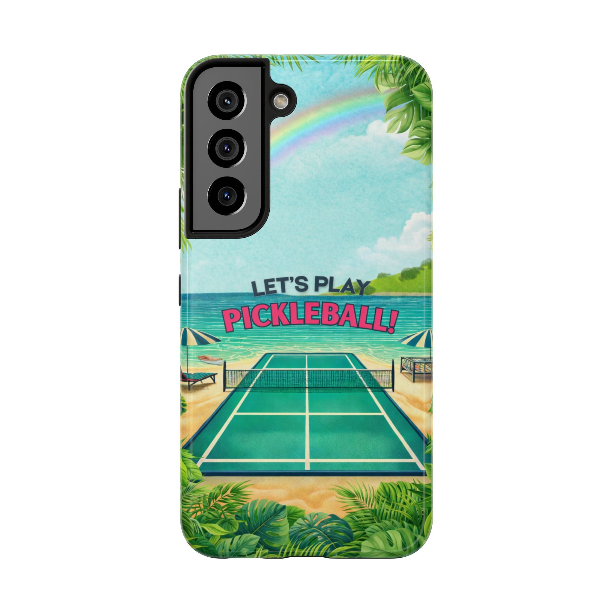 Let's Play Pickleball Tropical Tough Phone Case by Printify featuring a beach court design, durable protective cover for smartphones.