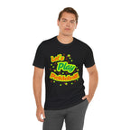 Neon orange and electric green Pickleball Rally T-Shirt with court graphic, casual sportswear by Printify.
