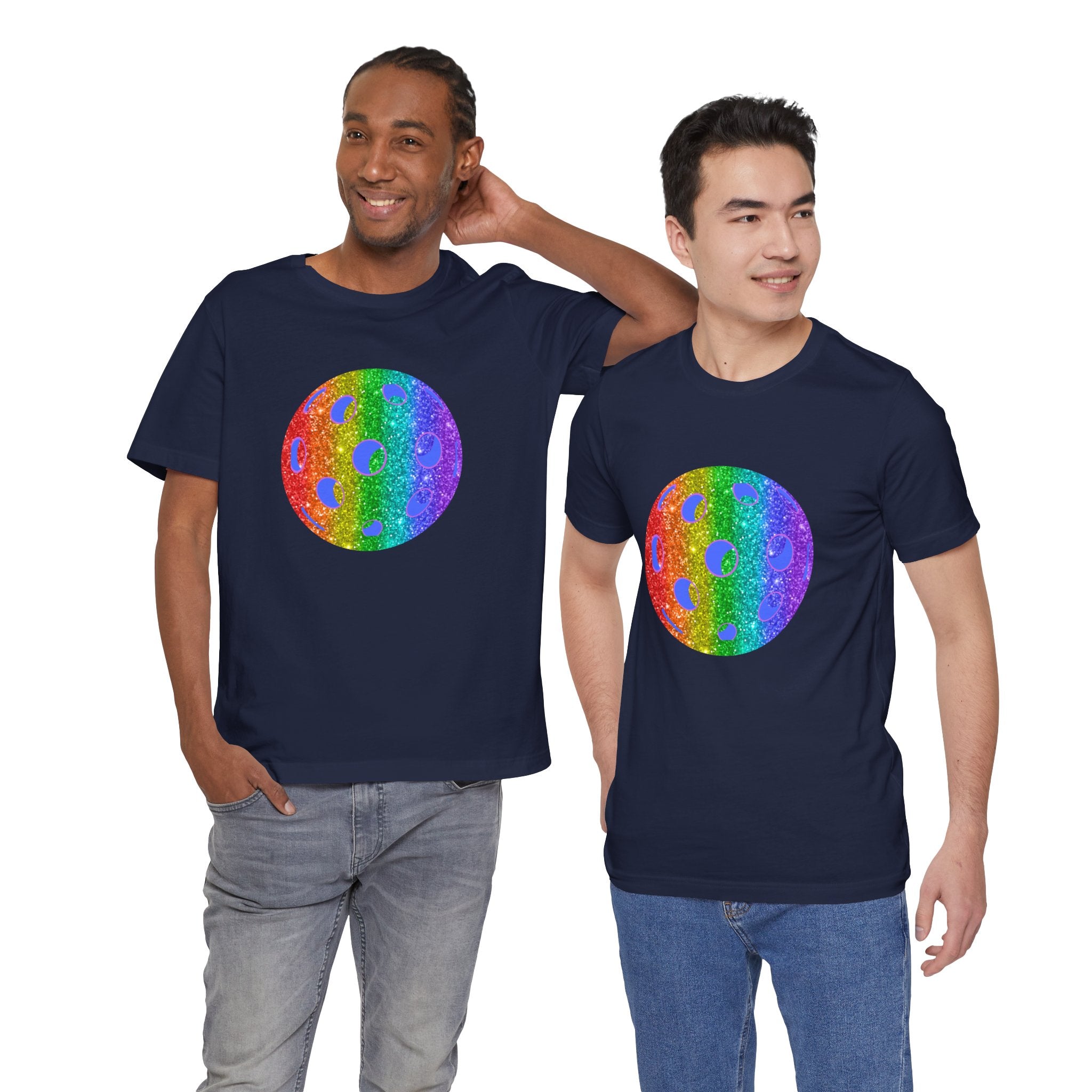 Rainbow glitter pickleball pride T-shirt featuring bold "Loud and Proud" text, celebrating LGBTQ+ with colorful, sparkling design.