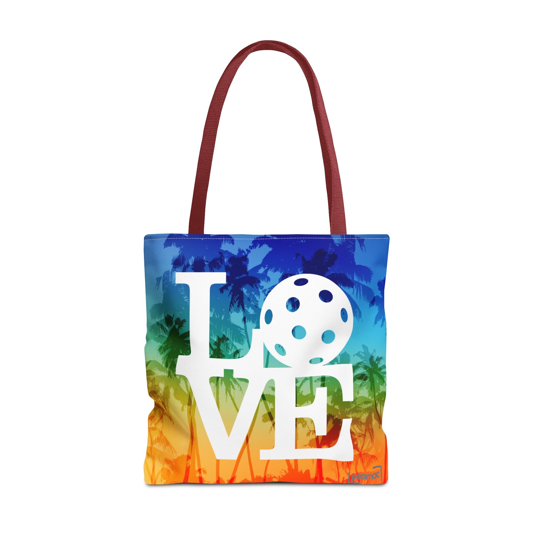 Large tropical pickleball tote bag with palm rainbow design, court-ready shoulder bag, 18x18 inches, by Printify