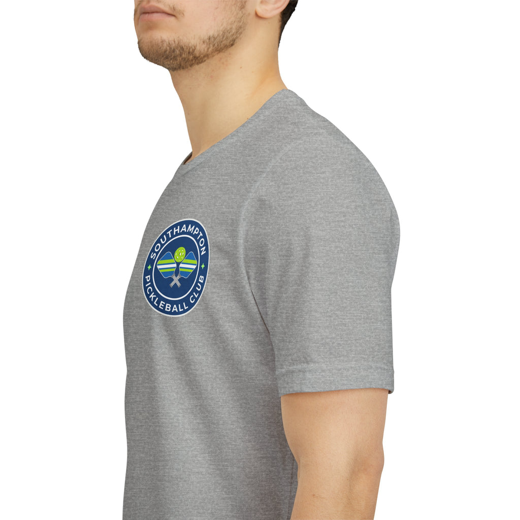Personalized pickleball T-shirt by Printify with custom name sleeve, club logo, and pickleball graphic on the center back.