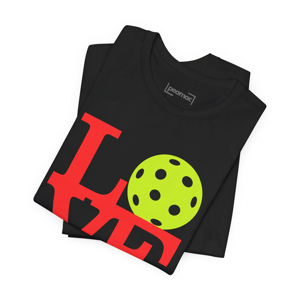 Neon pop art love pickleball T-shirt by Printify featuring colorful graphic design and casual fit.