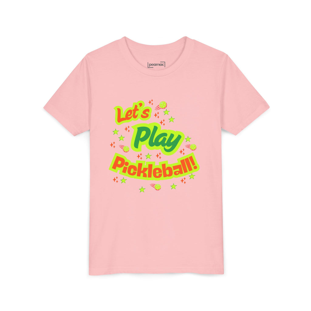 Youth neon pickleball graphic T-shirt for kids, featuring colorful pickleball design, from Printify's Let's Play Pickleball! collection.