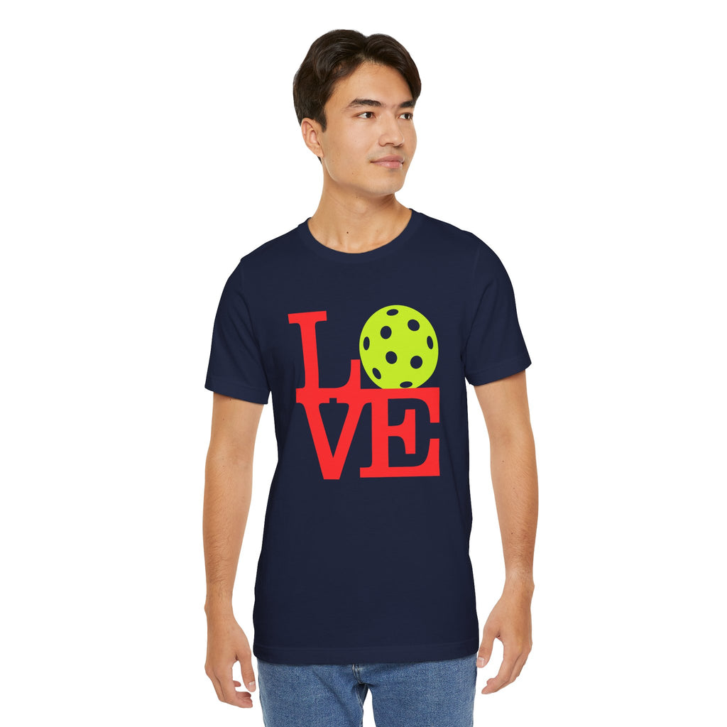 Bright neon pop art Pickleball LOVE T-shirt by Printify featuring bold graphic design on a premium cotton tee.