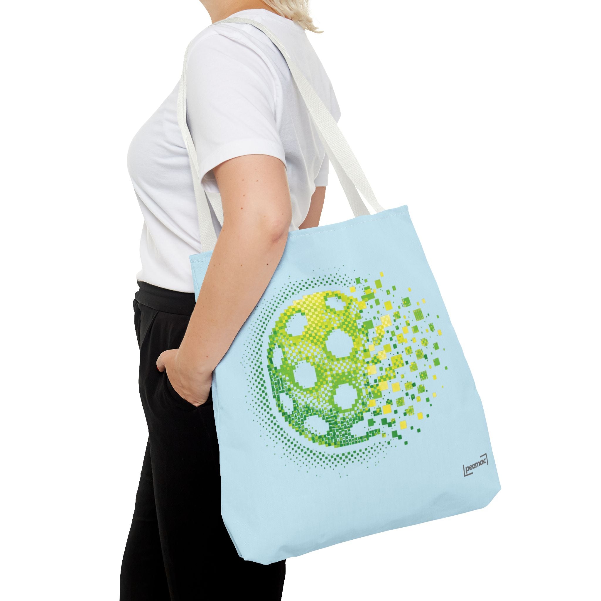 Pixelated pickleball tote bag in green, yellow, and light blue with digital smash design, 18x18 inches, by Printify.