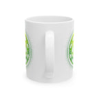Green Matrix Burst Pickleball ceramic mug with retro exploding pickleball design, available in 11oz and 15oz sizes.