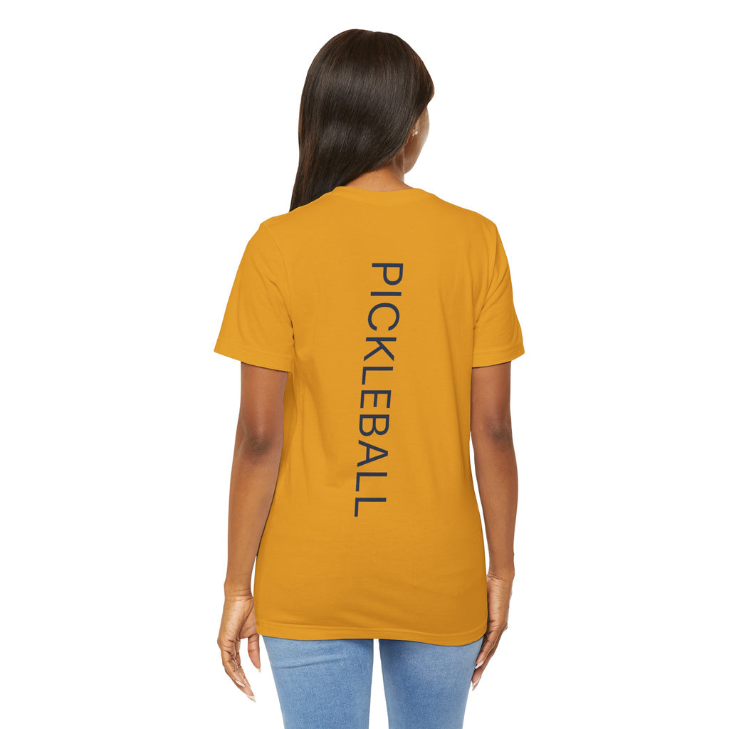 Personalized pickleball T-shirt with custom name and club design on the graphic, ideal for pickleball players.