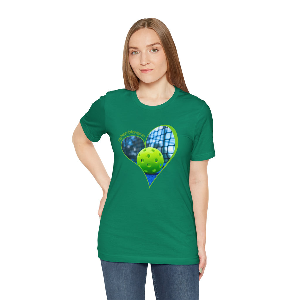 White Pickleball T-Shirt with "My Heart Belongs to Pickleball" graphic for players and fans, by Printify