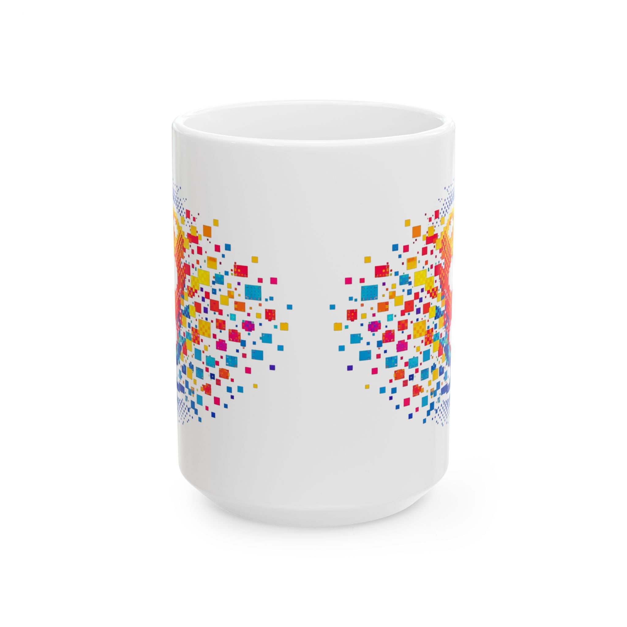 Ceramic mug with pixelated pickleball and retro exploding pickleball design, available in 11oz and 15oz sizes.