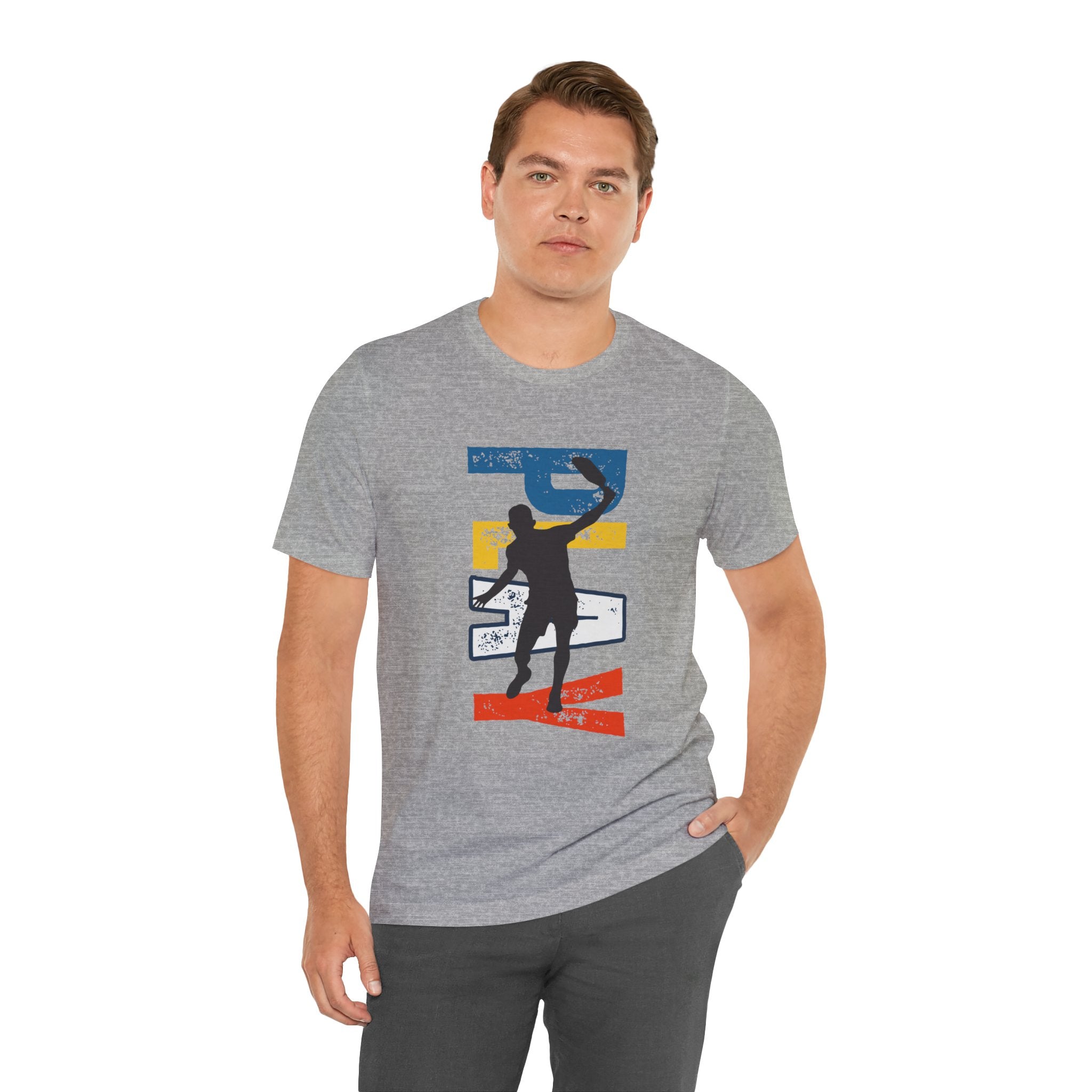Men's Retro Pickleball Action T-Shirt with front silhouette and vertical "PICKLEBALL" text on the back, by Printify.