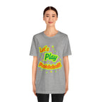 Neon orange and electric green pickleball rally T-shirt with court graphic, made by Printify, casual sportswear for active play.