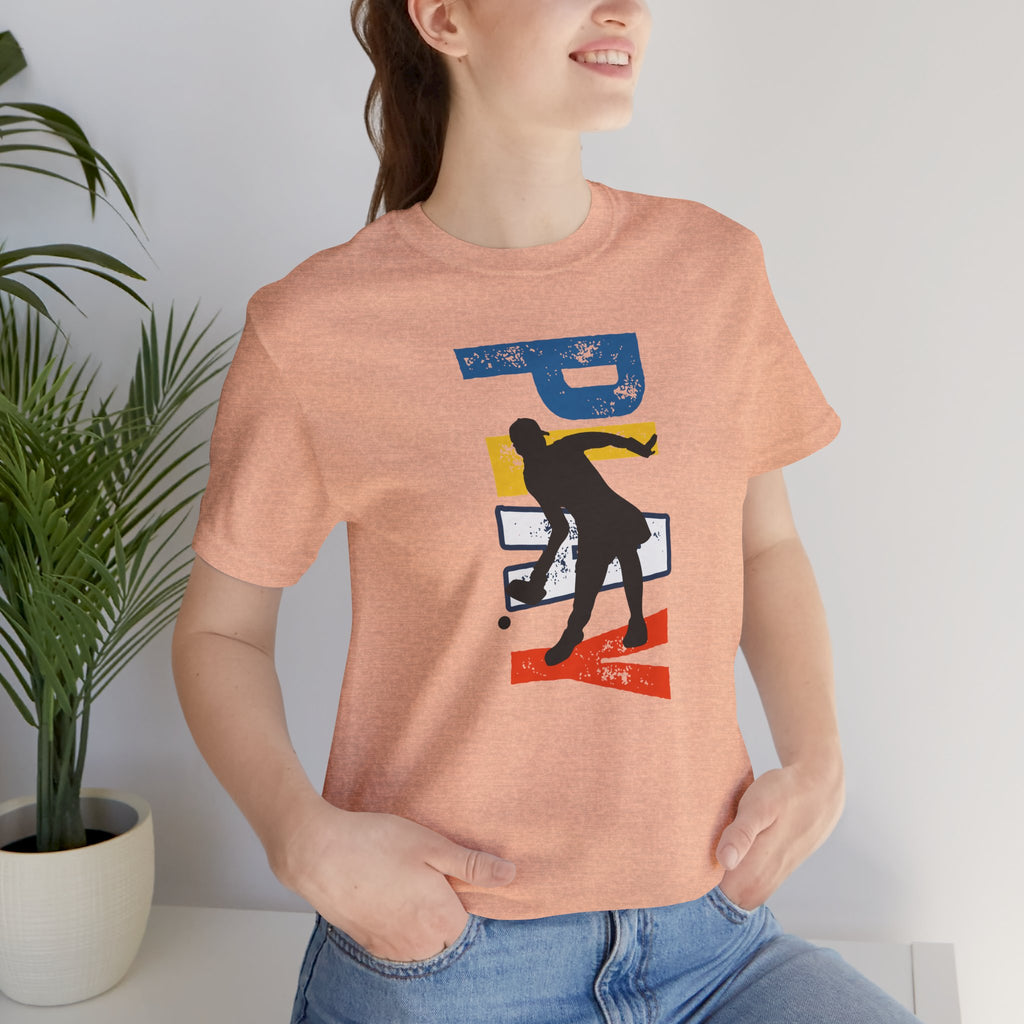 Women's retro-inspired pickleball T-shirt with vertical 'PICKLEBALL' back print, made by Printify.