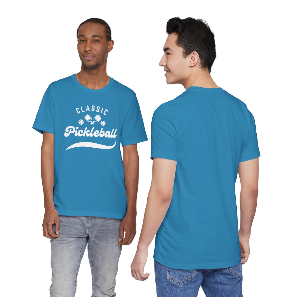 Classic pickleball T-shirt with "Pickleball" script design, comfortable cotton fabric, perfect for pickleball players and enthusiasts.