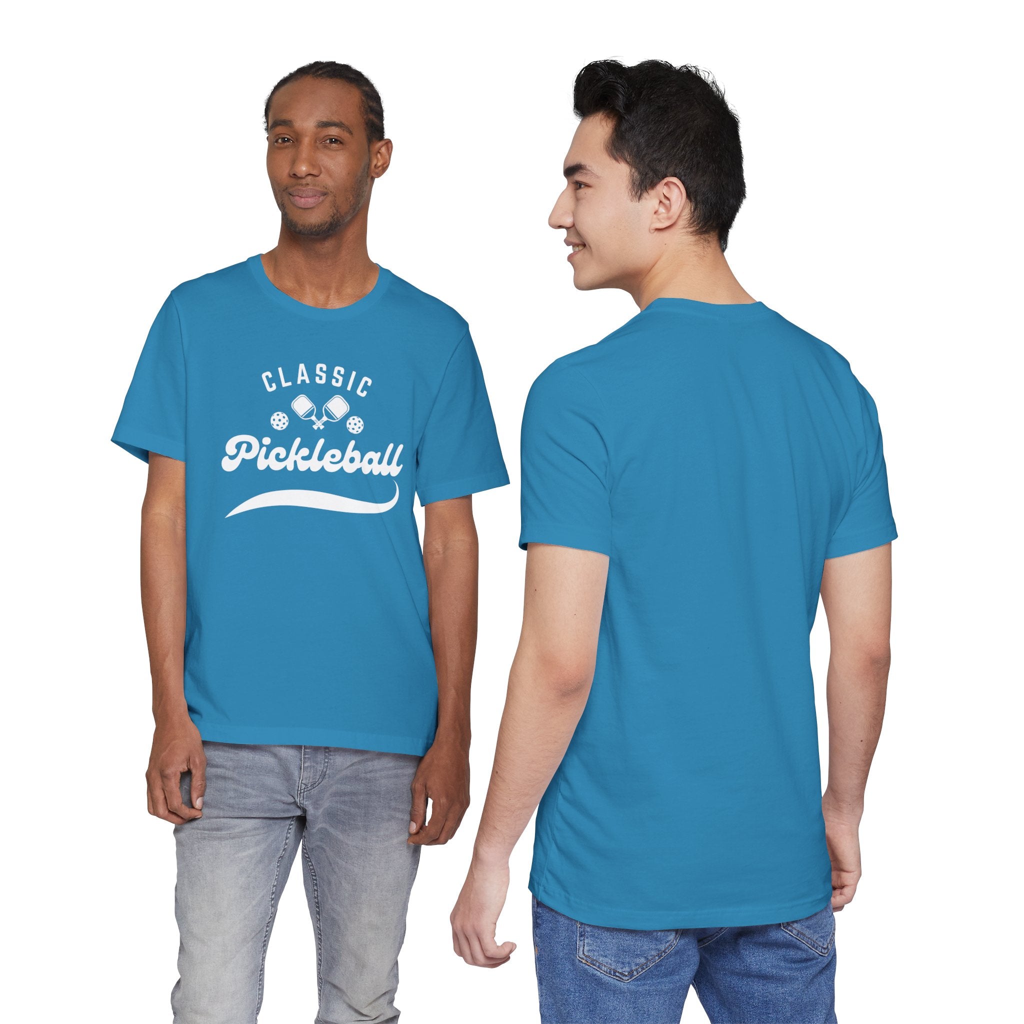 Classic pickleball T-shirt with "Pickleball" script design, comfortable cotton fabric, perfect for pickleball players and enthusiasts.