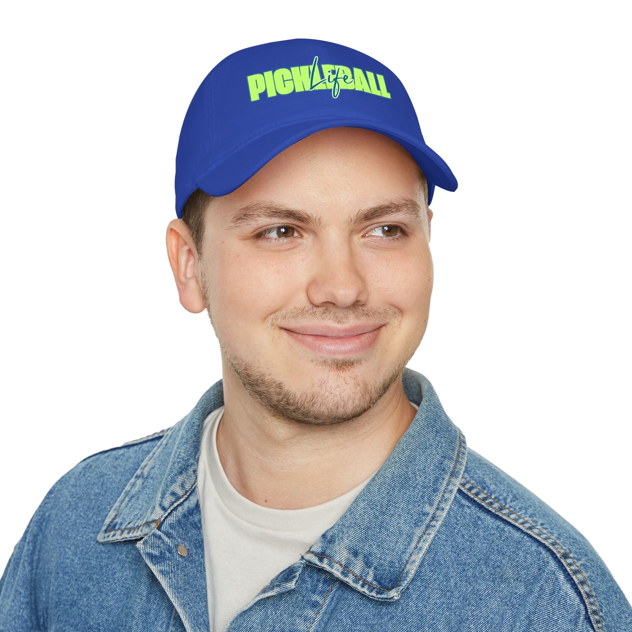 Green and blue Pickleball Life script logo on a low-profile baseball cap by Printify, showcasing a stylish and comfortable hat.