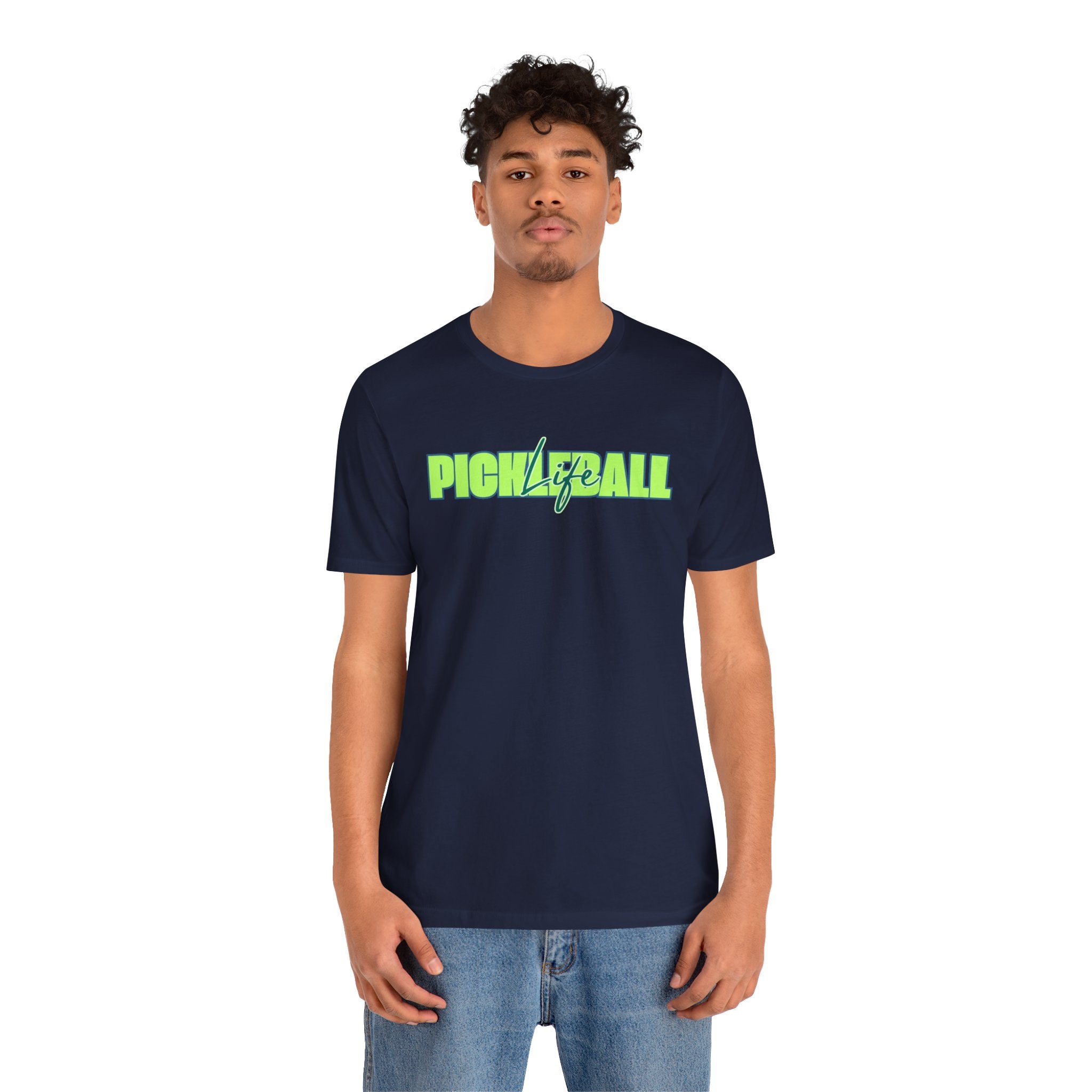 Unisex Pickleball Life graphic T-Shirt in bold green and blue with sporty design, made by Printify.