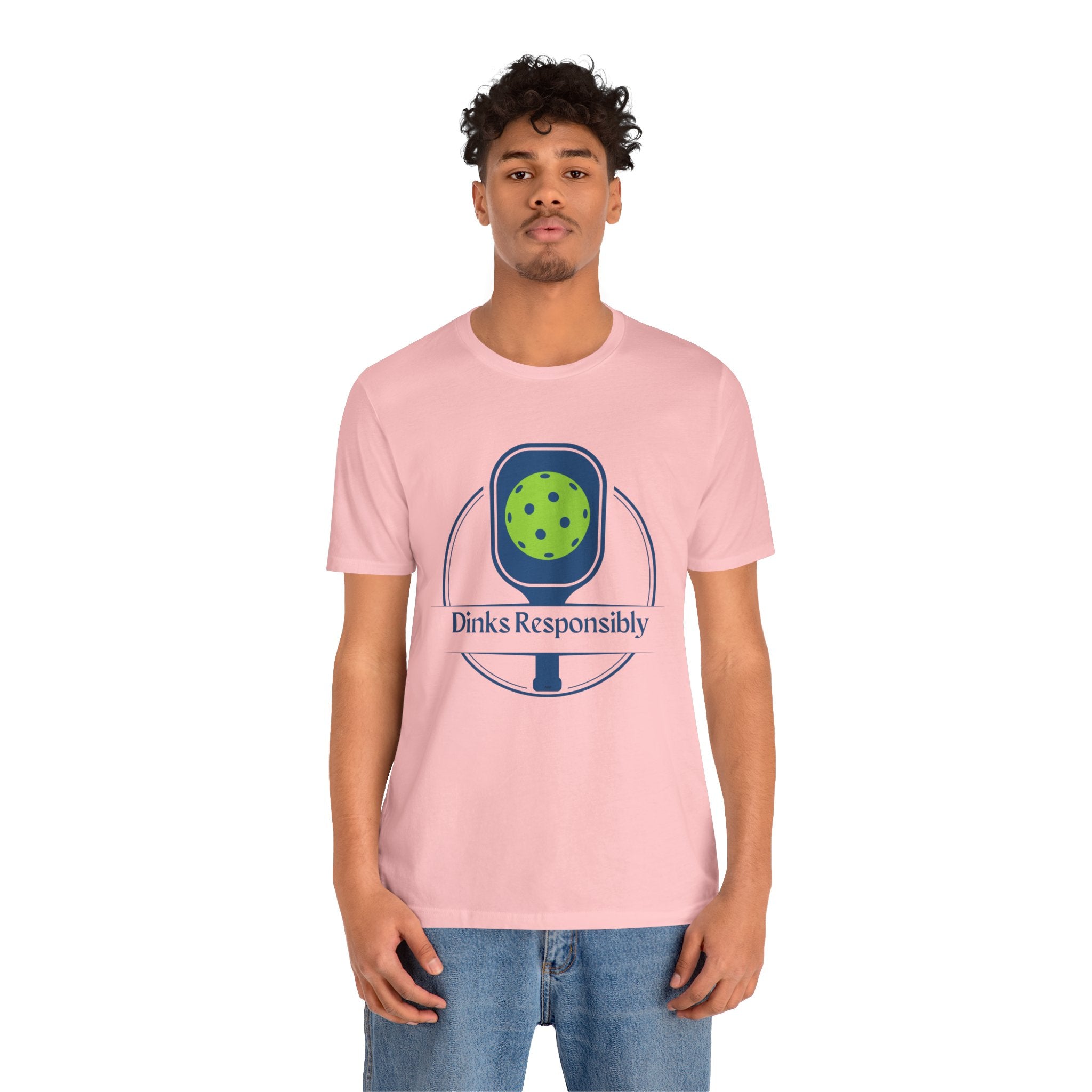 Dinks Responsibly pickleball T-shirt with paddle and ball graphic, humorous design from Printify for pickleball enthusiasts.