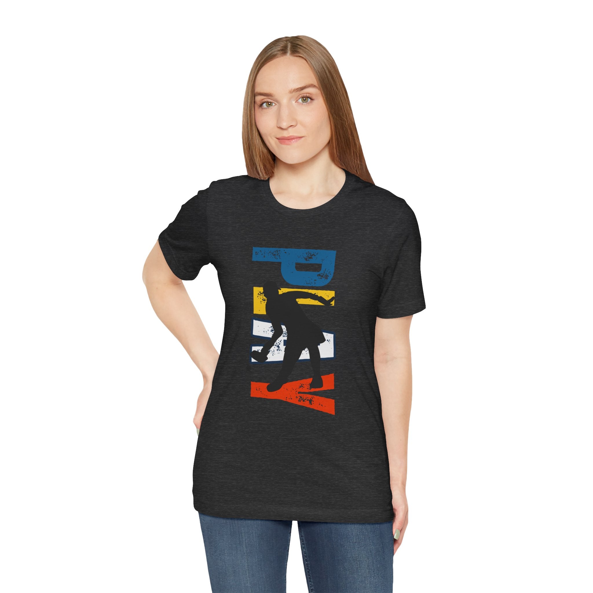 Women's retro-inspired pickleball T-shirt with vertical 'PICKLEBALL' back print, casual and stylish for activewear.