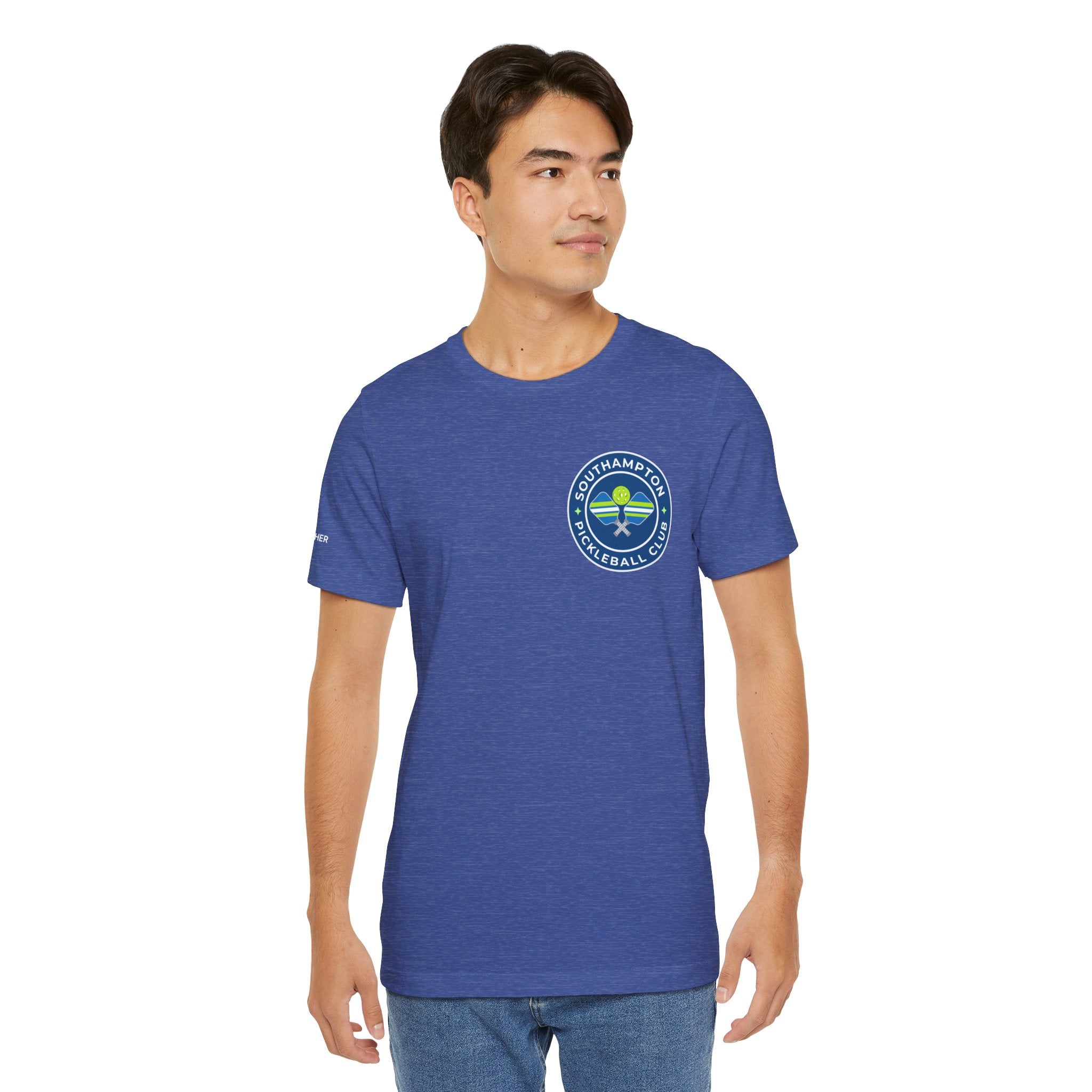 Personalized pickleball T-shirt by Printify featuring custom name sleeve, club logo, and pickleball graphic on the back.