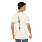 Personalized pickleball T-shirt by Printify with custom name sleeve and club logo on back, featuring pickleball graphic on center.