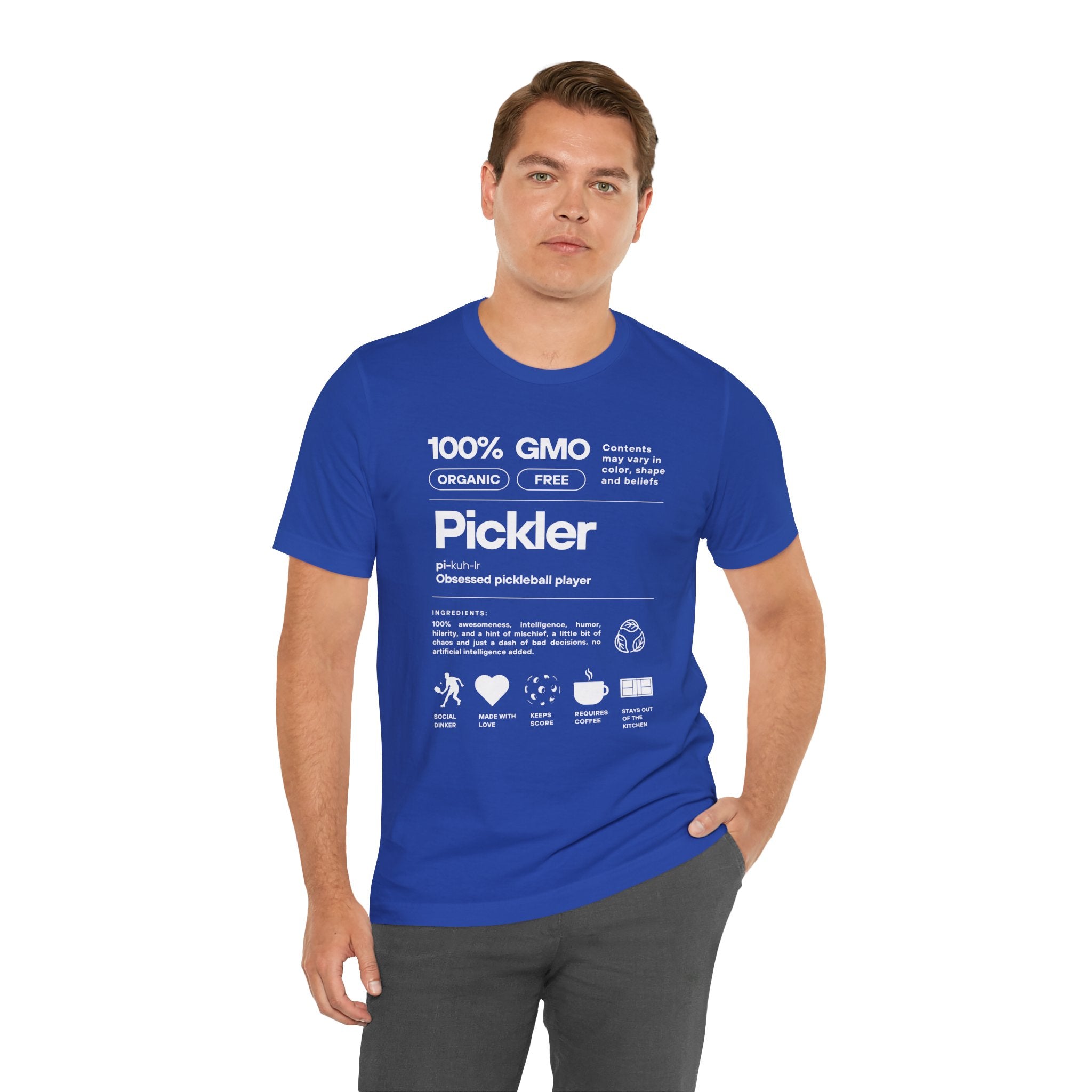 Men's white Pickler Funny Definitions T-Shirt featuring pickleball-themed text, lightweight activewear by Printify.